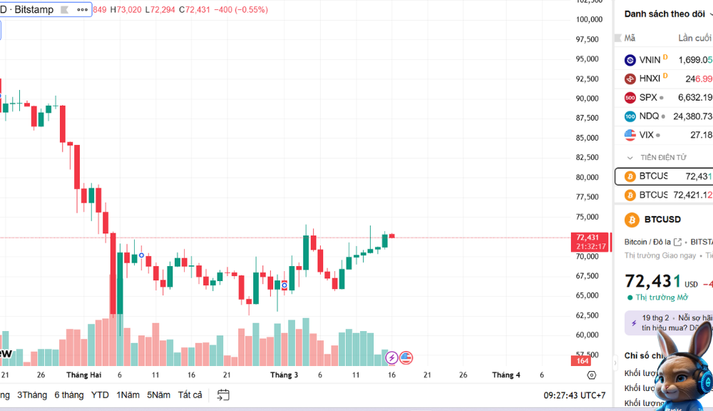 Bitcoin tăng trở lại với mức giá trên 73.000 usd
